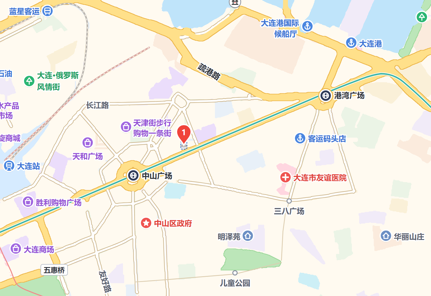 公司位置示意图：大连市中山区人民路26号中国人寿大厦2115室，靠近中山广场、天津街和港湾广场